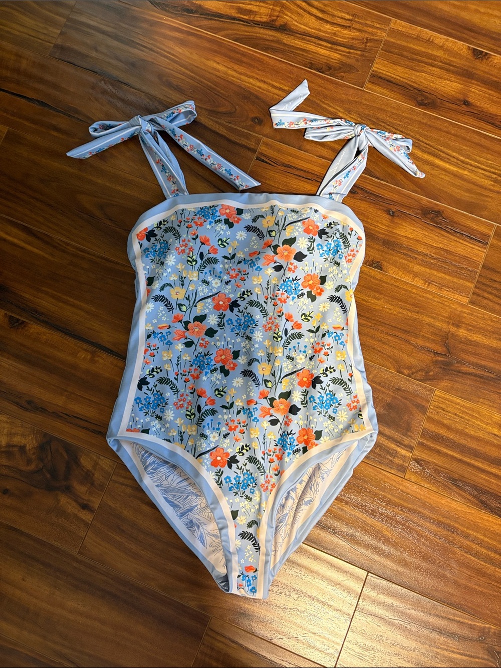 Floral Tie-Shoulder One-Piece Swimsuit in Light Blue reversible